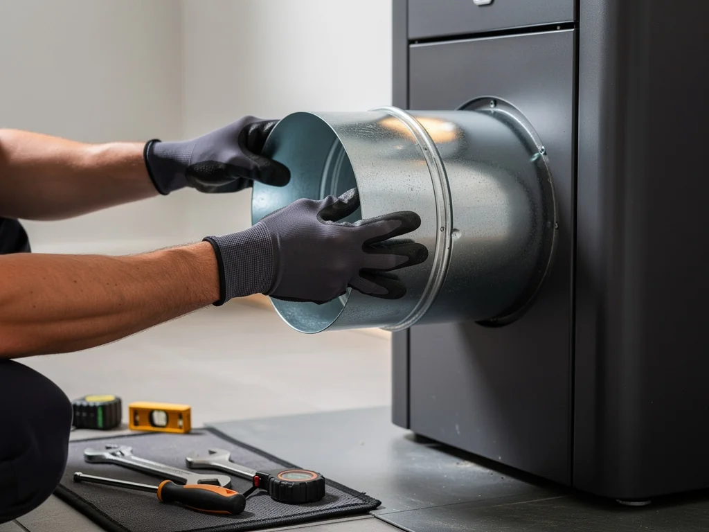 Installateur raccordant le conduit concentrique à l'arrière d'un poêle à granulés