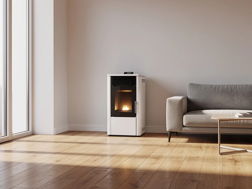Poêle à granulés compact dans un appartement rénové, sans conduit de cheminée