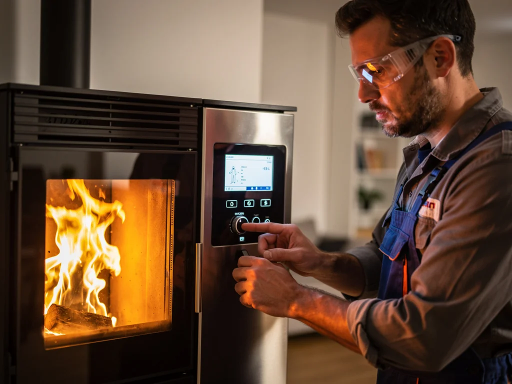 Réglage de la combustion sur l'écran d'un poêle à granulés au moment de la mise en route